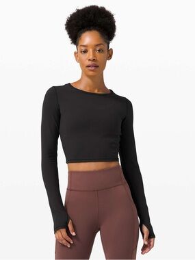 LULULEMON Wunder Train Cropped Long Sleeve Tee Thumb Holes Black Sz 4